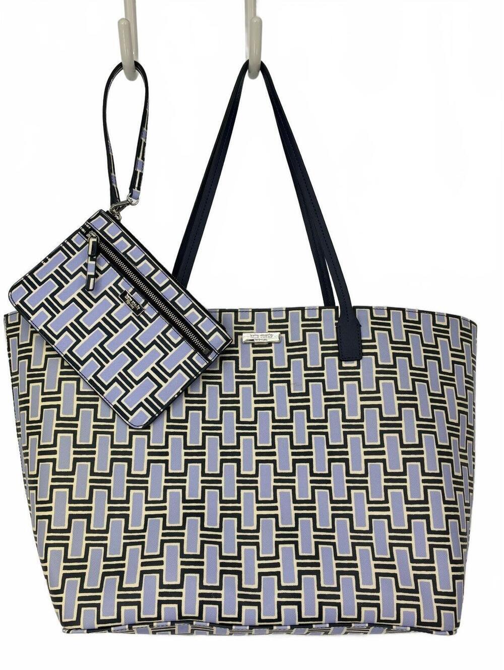 Kate Spad Geometric Pattern Navy, Sky Blue & Cream Tote Bag with Wristlet